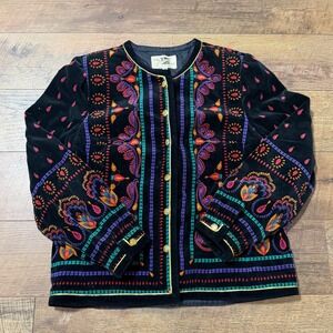 Vintage Saxton Hall Black Velvet Embroidered Paisley Jacket Gold Buttons Size 14